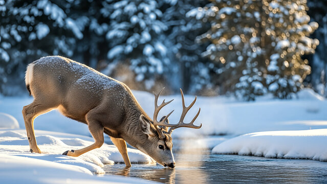 Majestic deer drinking from a snowy river in a winter forest landscape