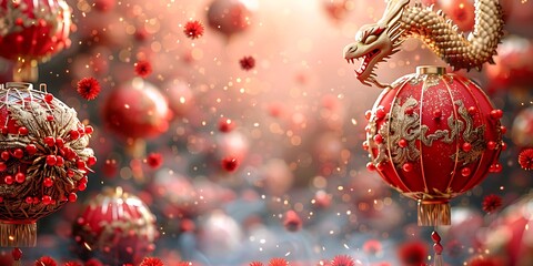 Panoramic Red Lanterns With Dragon Head Decoration For Chinese New Year