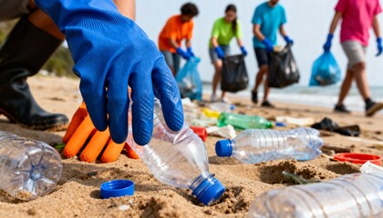 Community volunteers cleaning plastic waste from a polluted beach during an environmental cleanup.
