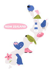 Cute New Zealand Map Illustration with Kiwi Bird, Sheep, Volcano, and Island Symbols for Travel Prints.