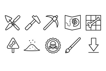 Fototapeta premium Archaeology line icon set. Discover excavation, fossils, and digging outline icons.