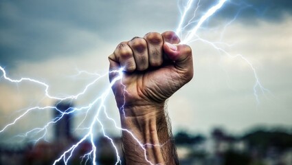 Symbolic representation of human strength and unstoppable energy as a raised fist harnesses powerful lightning in a dramatic sky.