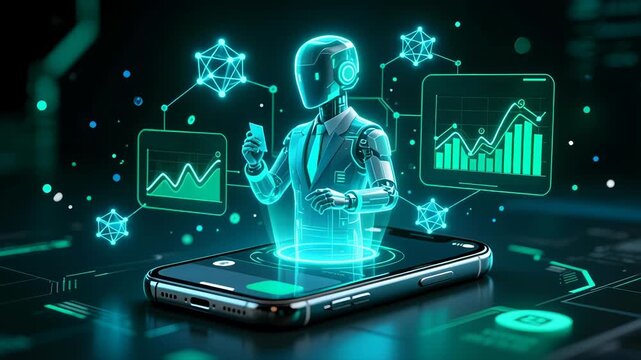 Futuristic smartphone showcases hologram of robot with blue digital interface, symbolizing advanced technology, data visualization, and innovation