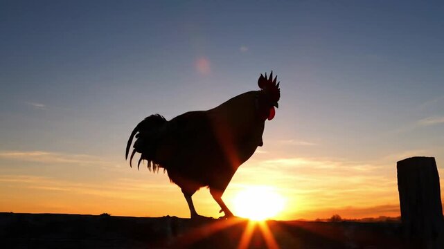 A silhouetted rooster with wings spread stands on a post at sunrise with the sun on the horizon