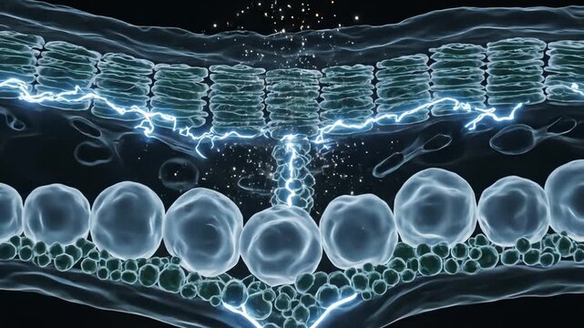 Photoreceptor cells in the retina, their outer segments arranged like delicate stacked disks absorbing glowing photons. Neural signals form as faint pulses of light traveling through bipolar 