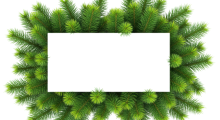 Christmas tree branches wreath frame with blank white rectangular copy space for text isolated on transparent background