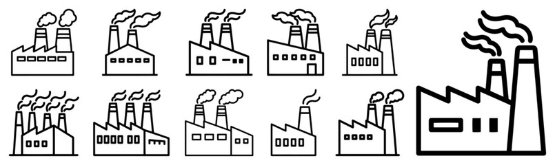 Naklejka premium Factory line icons set vector collection of industrial buildings power plants and manufacturing facilities with smoking chimneys