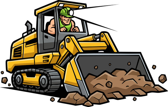 Cartoon Heavy Machinery Loader with Worker Carrying Dirt