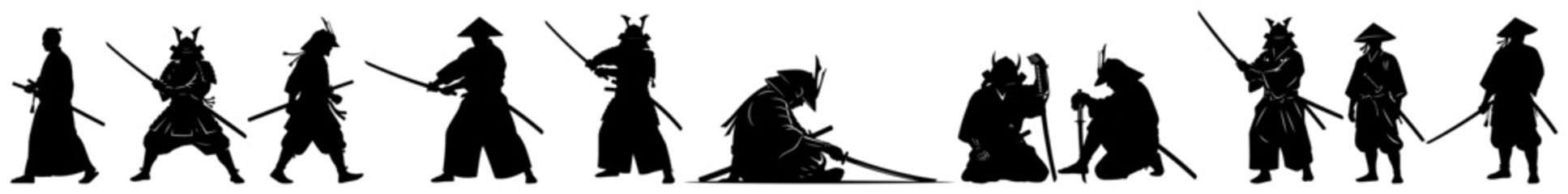 Ancient Japanese samurai warrior silhouette collection with katana swords and traditional armor