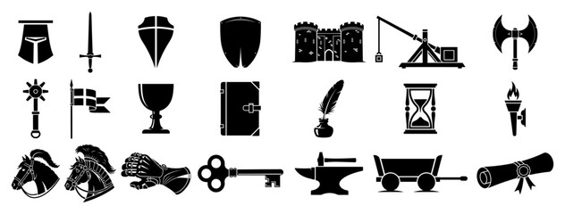Medieval knight and castle icon set featuring weapons armor and fantasy rpg game elements © Tomas