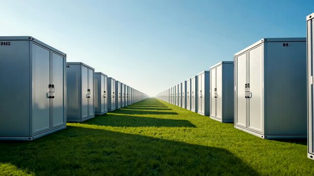 Row of large white storage units positioned on green grass under a clear blue sky with long shadows cast in sunlight