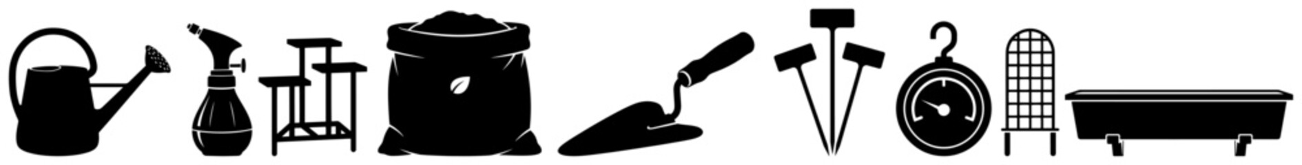 Gardening tools and equipment silhouette icon set featuring watering can soil bag and trowel vector collection