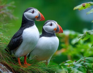 two puffins standing on the grass, one of them is walking away from the other
