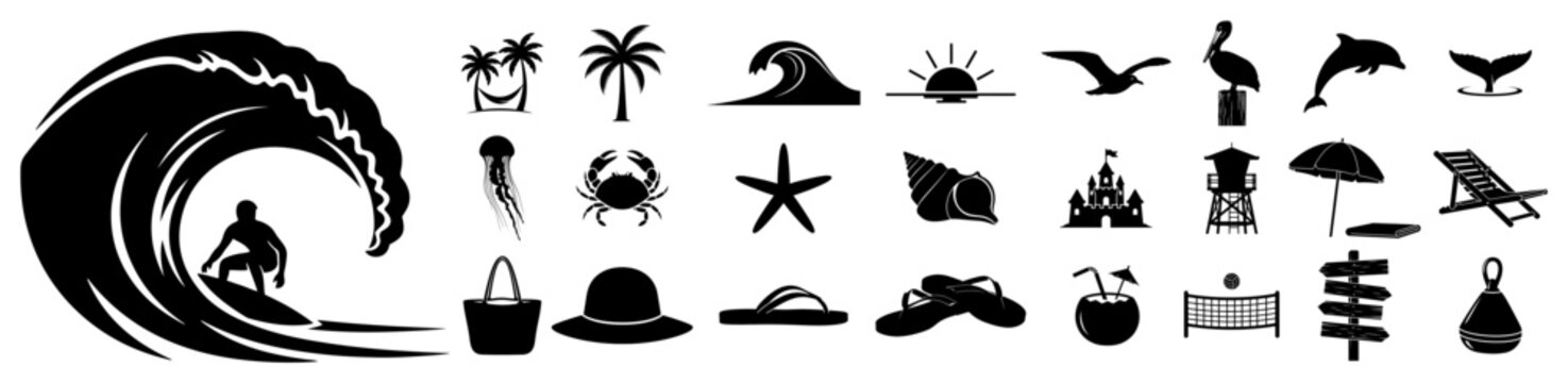 Summer beach vacation icons set vector collection of surfing ocean waves tropical palm trees and holiday symbols