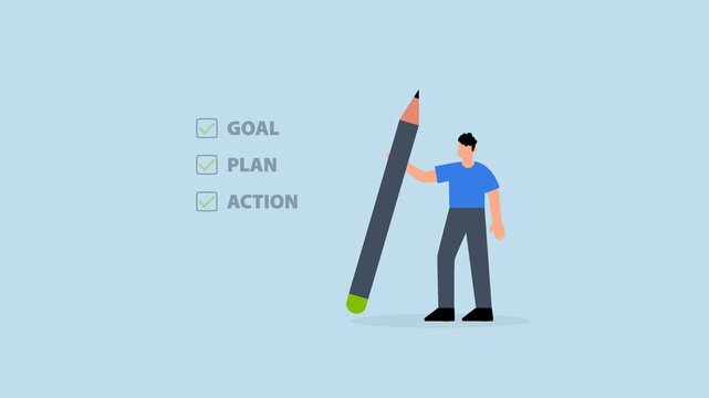 Goal, action and plan, 4k animation of businessman holding pencil with Goal, Action, Plan checklist.