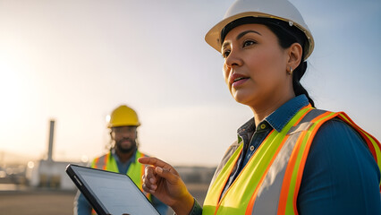 Female Engineer Reviewing Plans on Tablet at Construction Site, Industrial Project Management and Teamwork