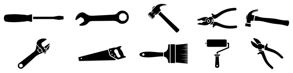 Construction and repair tools silhouette icon set