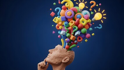 Human head bursting with colorful abstract shapes representing creativity and imagination