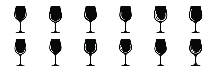 A collection of wine glass silhouette icon set. simple design black color and white background.