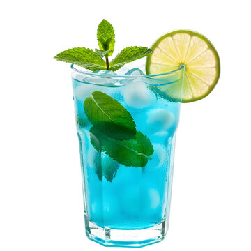 Blue Lagoon Cocktail or Non-Alcoholic Blue Drink with Lime Slice and Mint Leaves, Isolated on transparent background