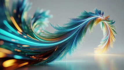 Turquoise lines elegantly sweep and twist, glowing with vibrant orange and gold hues on a gray backdrop