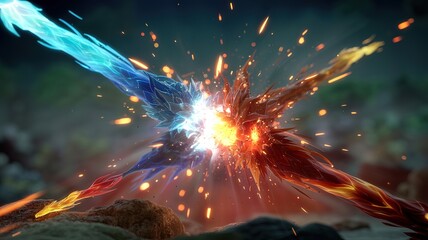 Ice and fire streams crash together, creating vibrant sparks against a blurry backdrop