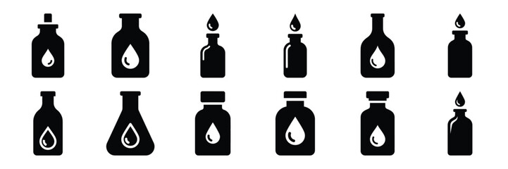 A collection of bottle with drop silhouette icon set. simple design black color and white background.