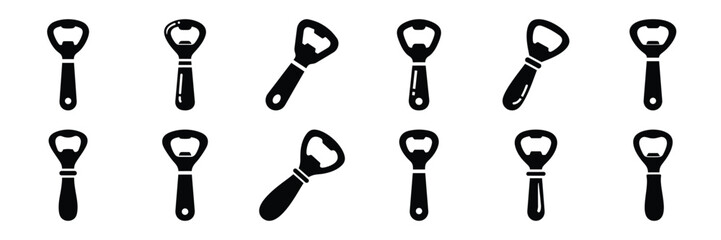 A collection of bottle opener silhouette icon set. simple design black color and white background.