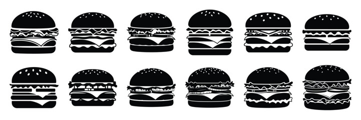 A collection of burger silhouette icon set. simple design black color and white background.