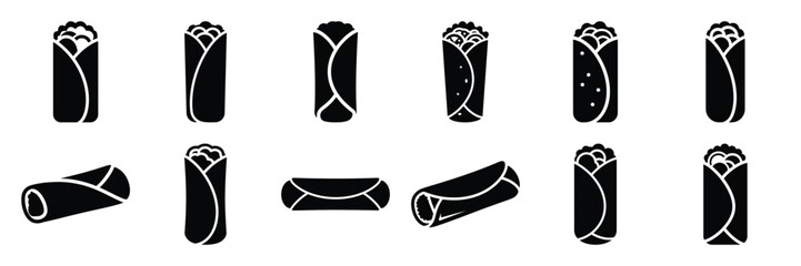 A collection of burrito wrap silhouette icon set. simple design black color and white background.