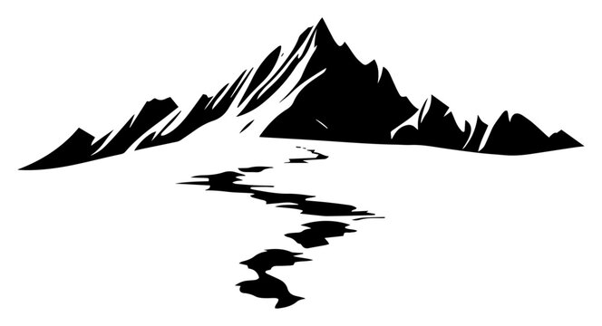 Mountain landscape silhouette with winding road path leading to rocky high peaks vector illustration