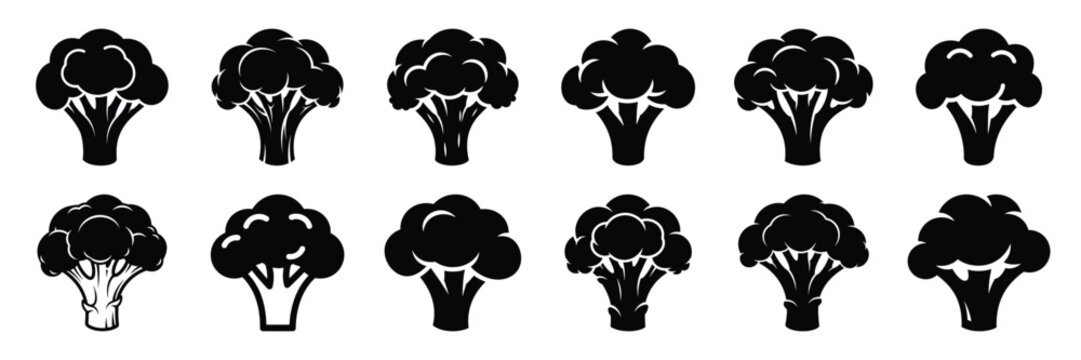 A collection of broccoli silhouette icon set. simple design black color and white background.