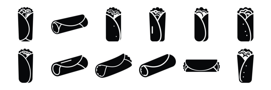 A collection of burrito silhouette icon set. simple design black color and white background.