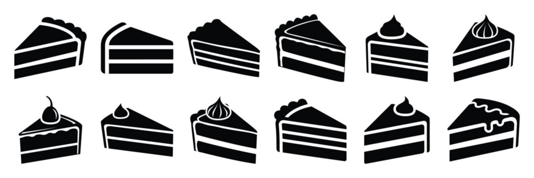 A collection of cake slice silhouette icon set. simple design black color and white background.