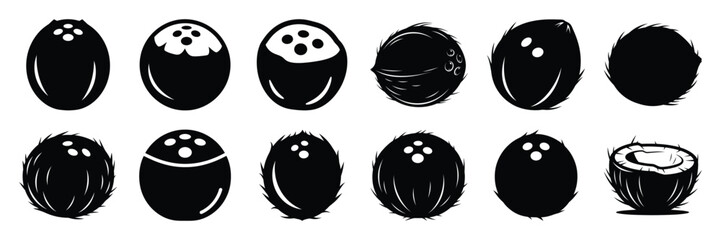 A collection of coconut silhouette icon set. simple design black color and white background.