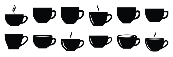 A collection of coffee cup silhouette icon set. simple design black color and white background.