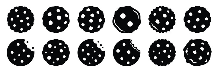 A collection of cookie silhouette icon set. simple design black color and white background.