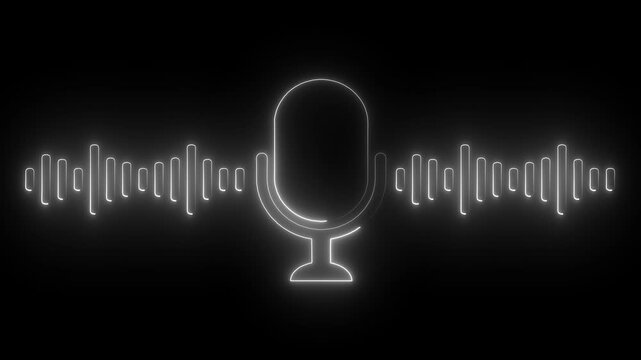 Glowing neon voice recording microphone button icon animation. On The Black Background Glowing Audio Visualization with Microphone Dynamic Sound Wave Graphic with Neon Microphone.