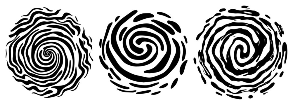 Abstract grunge spiral vortex set with liquid ink brush strokes and swirling shapes
