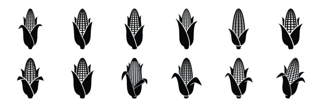 A collection of corn silhouette icon set. simple design black color and white background.