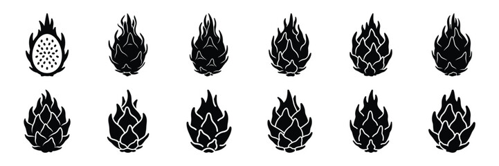 A collection of dragon fruit silhouette icon set. simple design black color and white background.