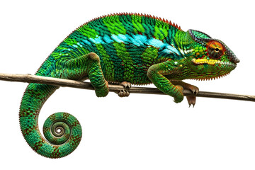 Colorful chameleon on branch isolated on white isolated on transparent background