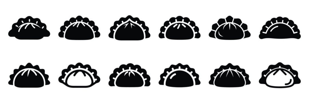 A collection of dumpling silhouette icon set. simple design black color and white background.