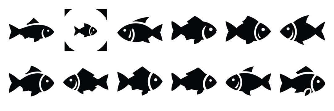 A collection of fish silhouette icon set. simple design black color and white background.