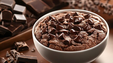 Chewy triple chocolate cookies surrounded by chocolate chunks on bowl on bed