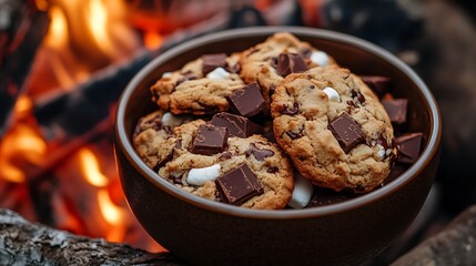 Chewy smores cookies on bowl with melted marshmallow and chocolate chunks campfire glow on modern outdoor