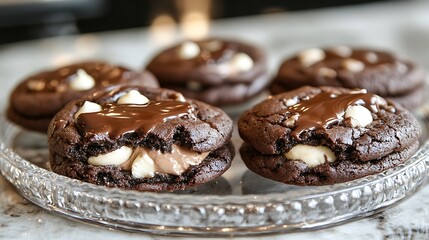 Chewy triple chocolate cookies on crystal plate with gooey centers on a marble countertop