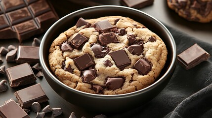 Chewy triple chocolate cookies surrounded by chocolate chunks on bowl on bed