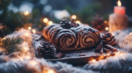 Chocolate babka with swirled layers of cinnamon and cocoa filling on tray on fluffy wool blanket with fairy lights around