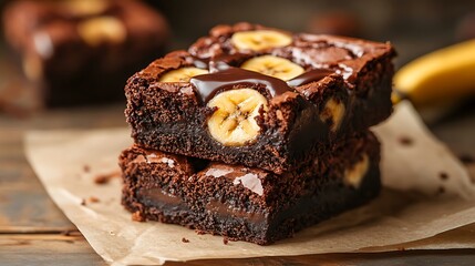 Chocolate brownie with a caramelized banana topping unique gourmet style on hotel sitting